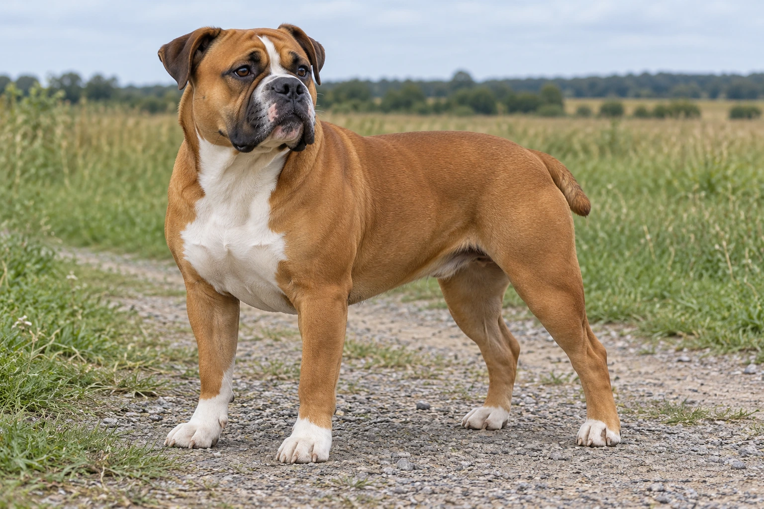 Voksen fawn og hvid Buldogue Campeiro med naturlige hængeører og synlig kort hale på en engsti