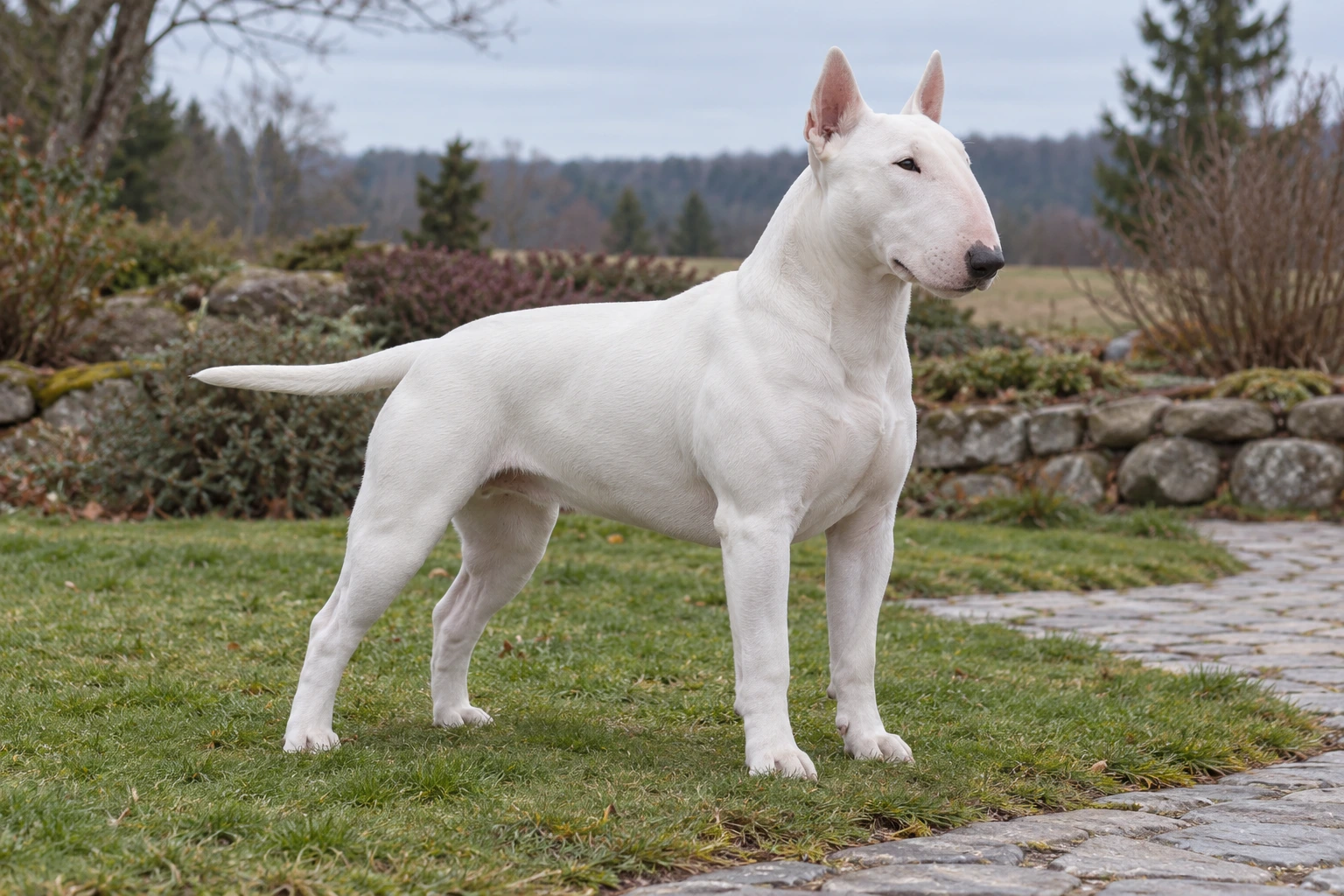 Hvid Bull Terrier med oprejste ører og ægformet hoved står i en have.
