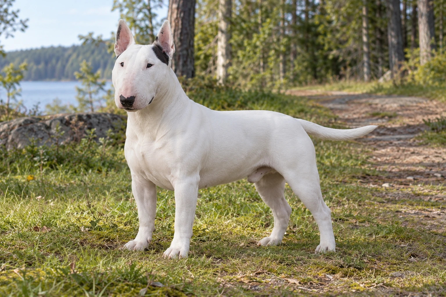 Hvid Bull Terrier Miniature med oprette ører og ægformet hoved står ved skoven.