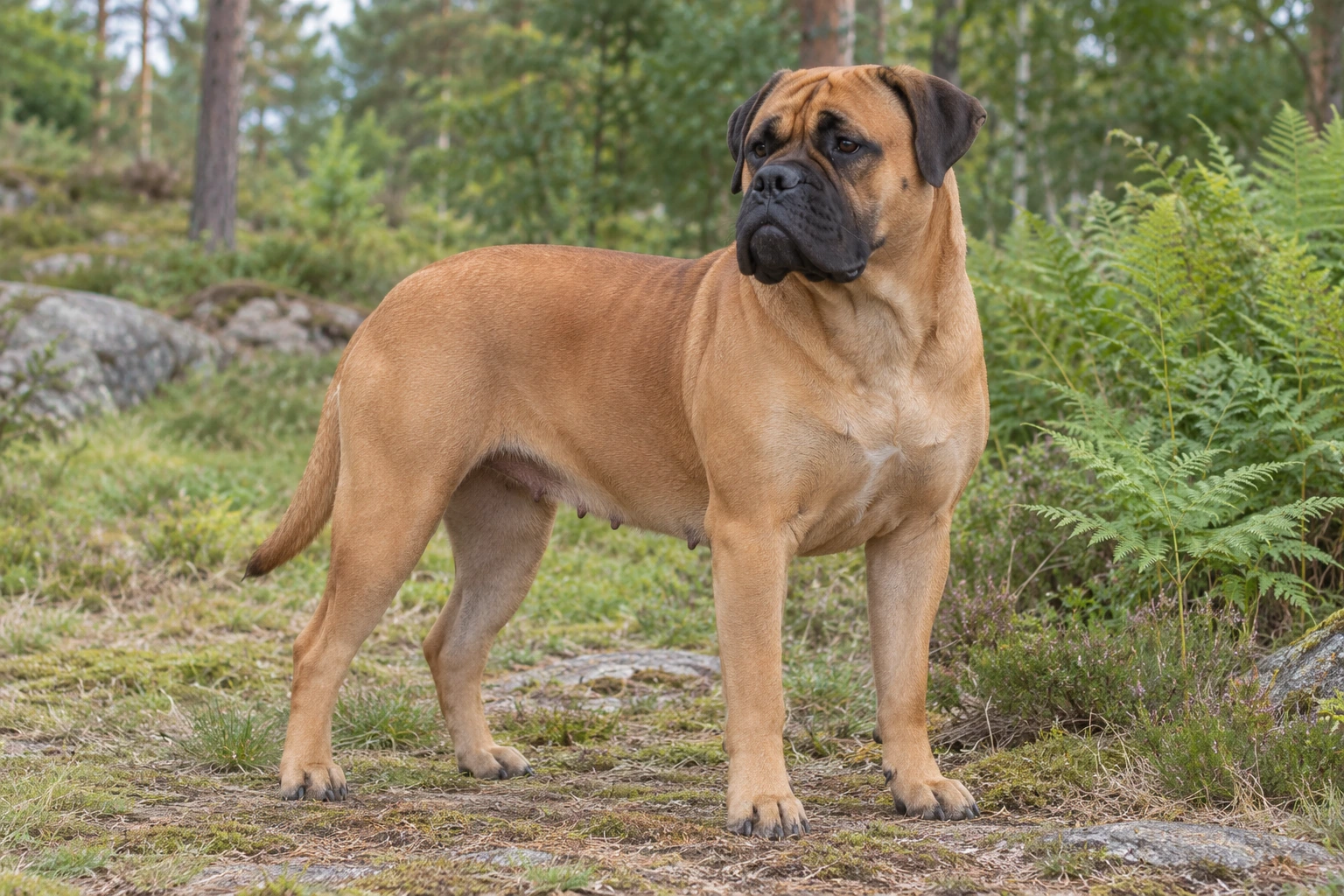 Rød-fawn Bullmastiff med sort maske og naturlig lang hale står ved bregner.