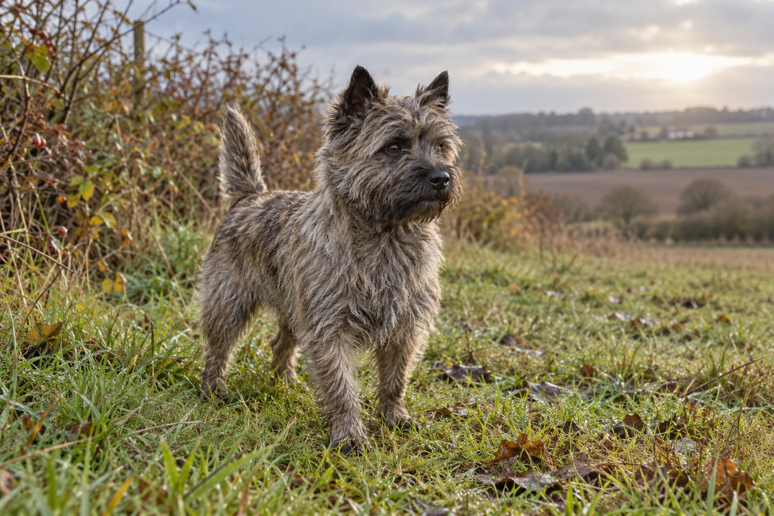 Gråbrindlet voksen Cairn Terrier står ved et levende hegn