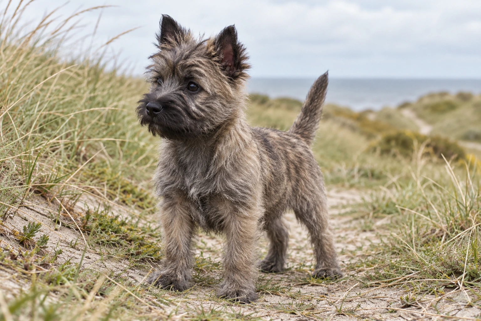 Hvalp af racen Cairn Terrier, ca. 12 uger, i et nordisk hverdagsmiljø