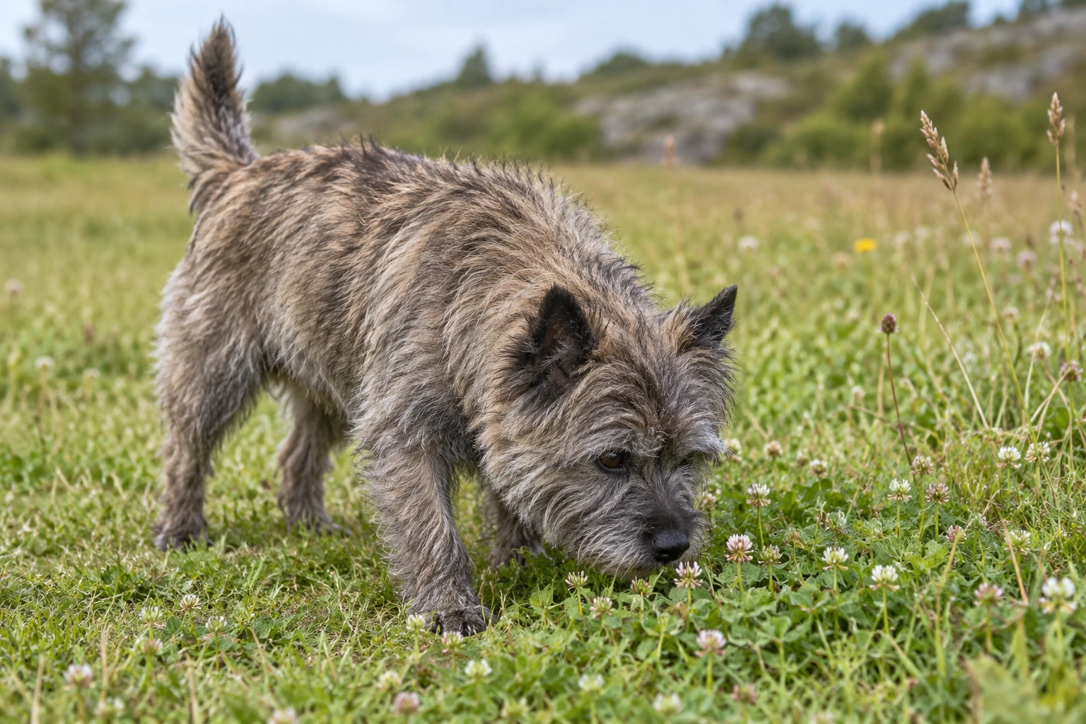 Senior af racen Cairn Terrier, ca. 10 år, i et nordisk hverdagsmiljø
