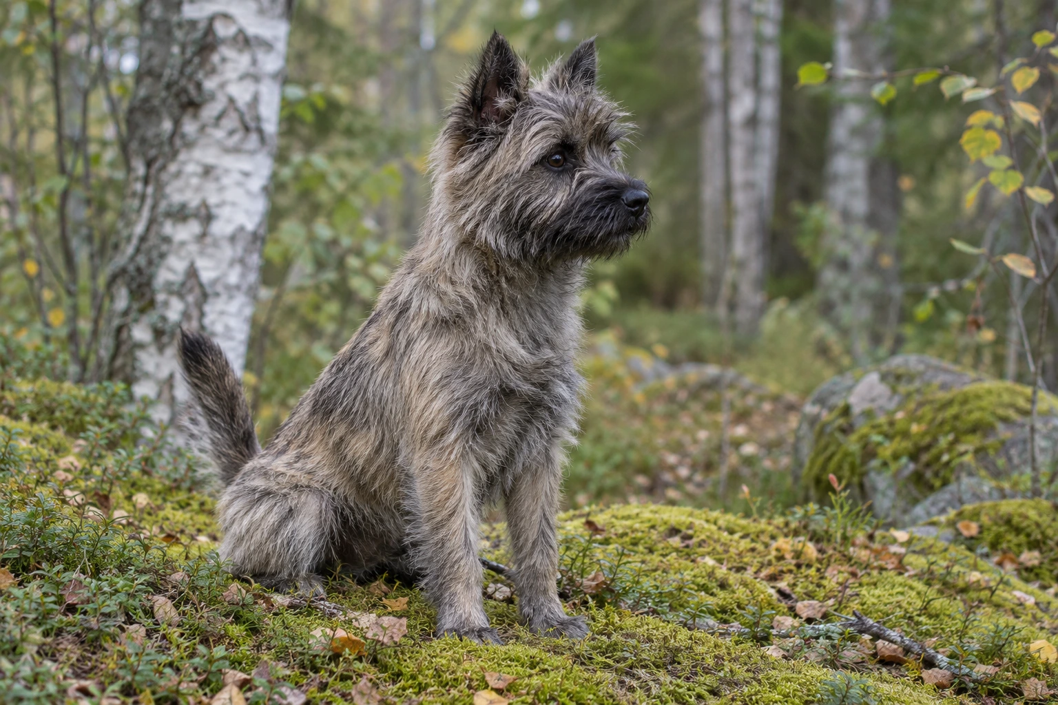 Unghund af racen Cairn Terrier, ca. 9 måneder, i et nordisk hverdagsmiljø