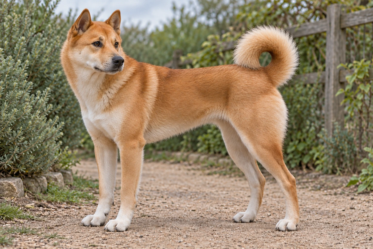 Voksen sandrød Canaan Hund med hvide aftegn, korte brede naturlige ståører og fuld busket krøllet hale