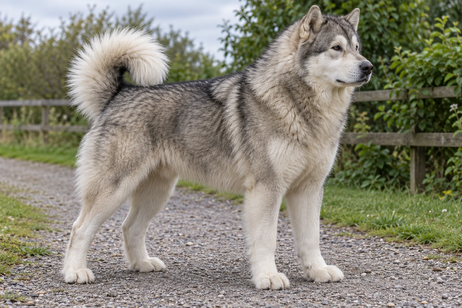 Voksen sølvgrå Canadian Eskimo Dog med kraftig halsmanke, naturlige ståører og fuld busket opadkrøllet hale