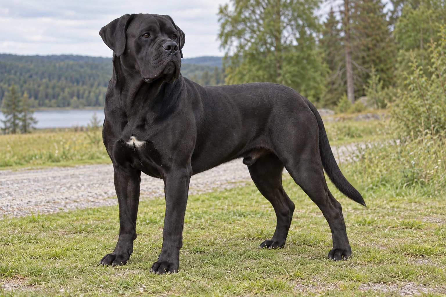 Voksen Cane Corso Italiano med naturlige ører og hale står ved en engsti.