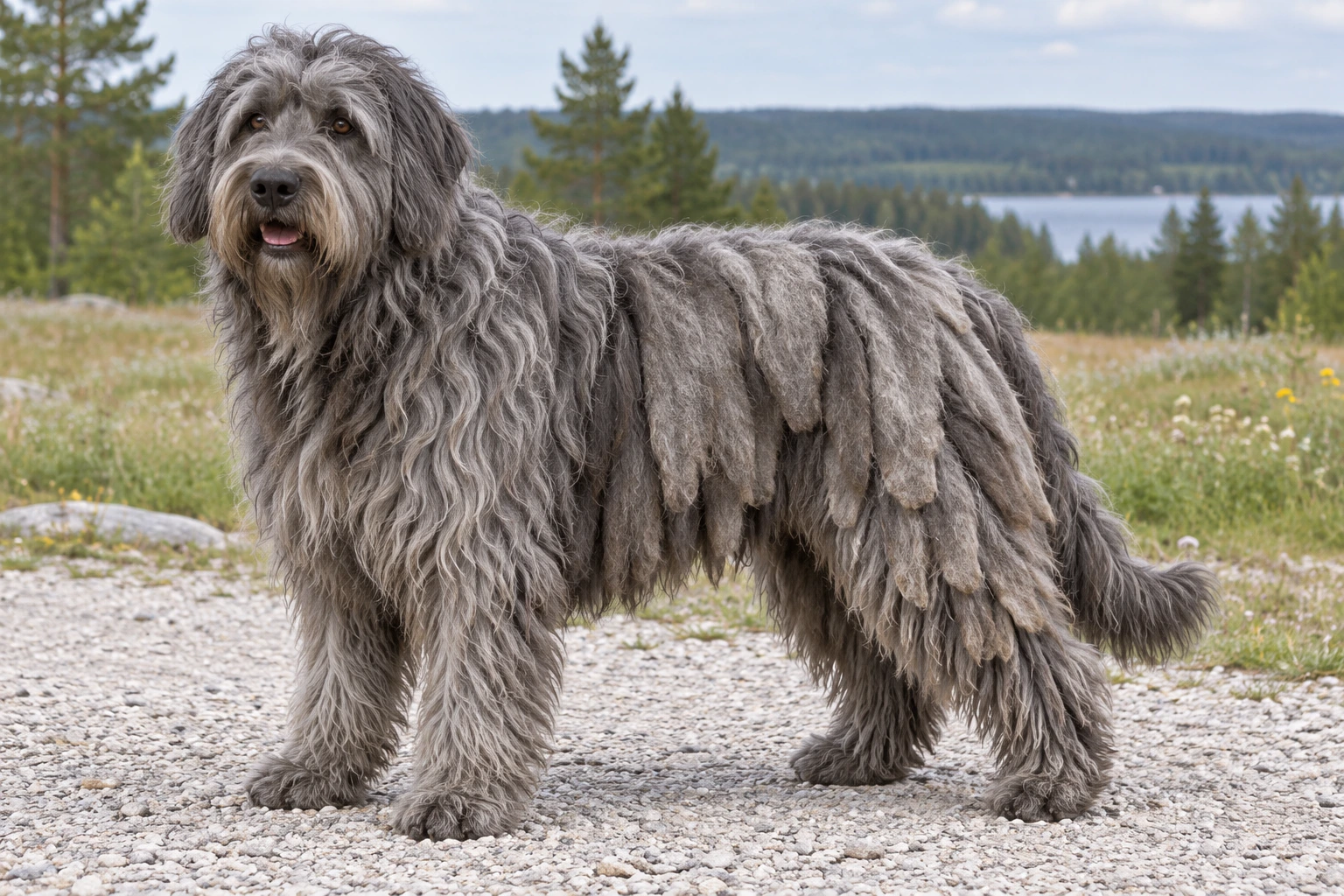 Grå voksen Cane da Pastore Bergamasco med brede flade pelsflokke og fuld naturlig lav hale ved en engsti