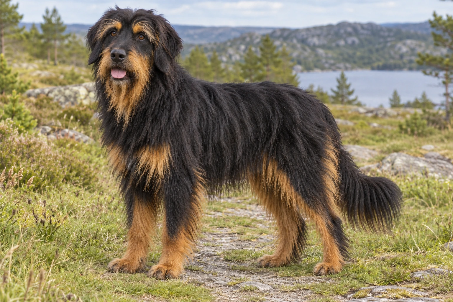 Voksen sort og tan Cão da Serra de Aires med lang gedehårsagtig pels, hængeører og fuld hale