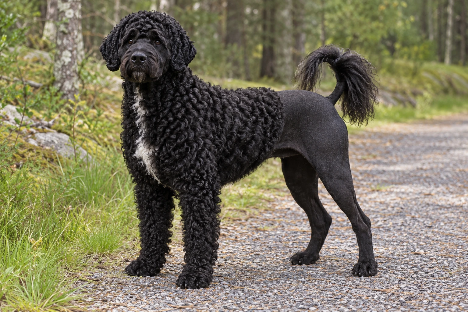 Sort Cão de Água Português i traditionel løveklip står ved en skovsti.
