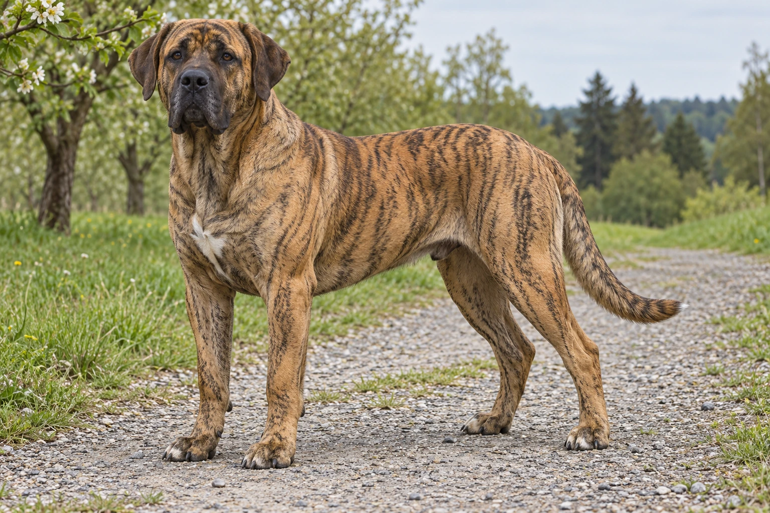Voksen fawn tigret Cão Fila de São Miguel med naturlige hængeører og fuld hale i en frugthave