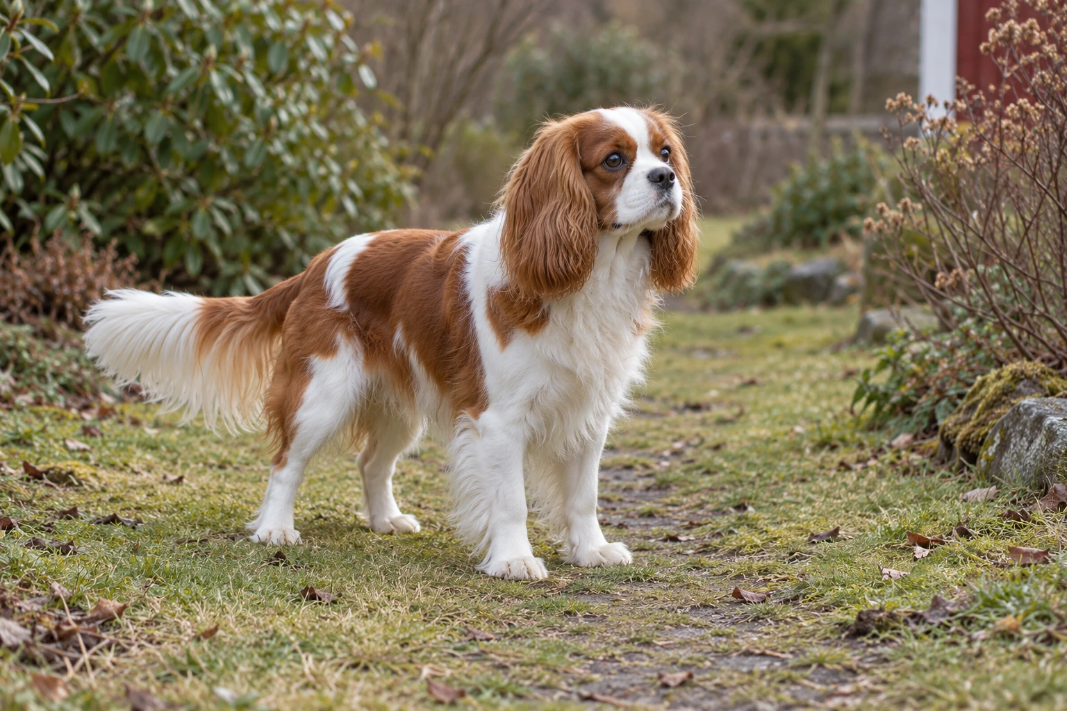 Blenheim voksen Cavalier King Charles Spaniel står i en vinterhave
