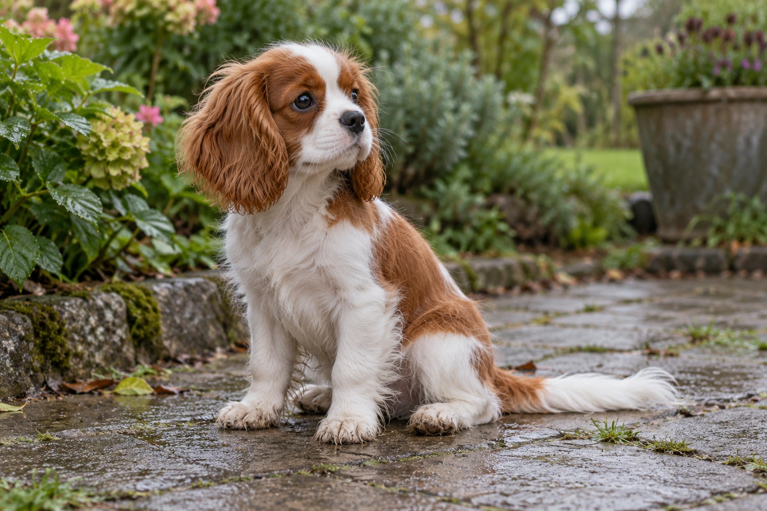 Hvalp af racen Cavalier King Charles Spaniel, ca. 12 uger, i et nordisk hverdagsmiljø