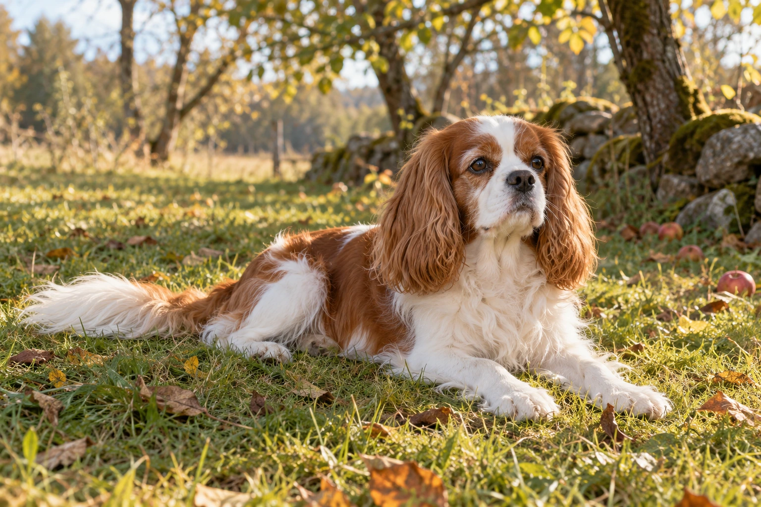 Senior af racen Cavalier King Charles Spaniel, ca. 10 år, i et nordisk hverdagsmiljø
