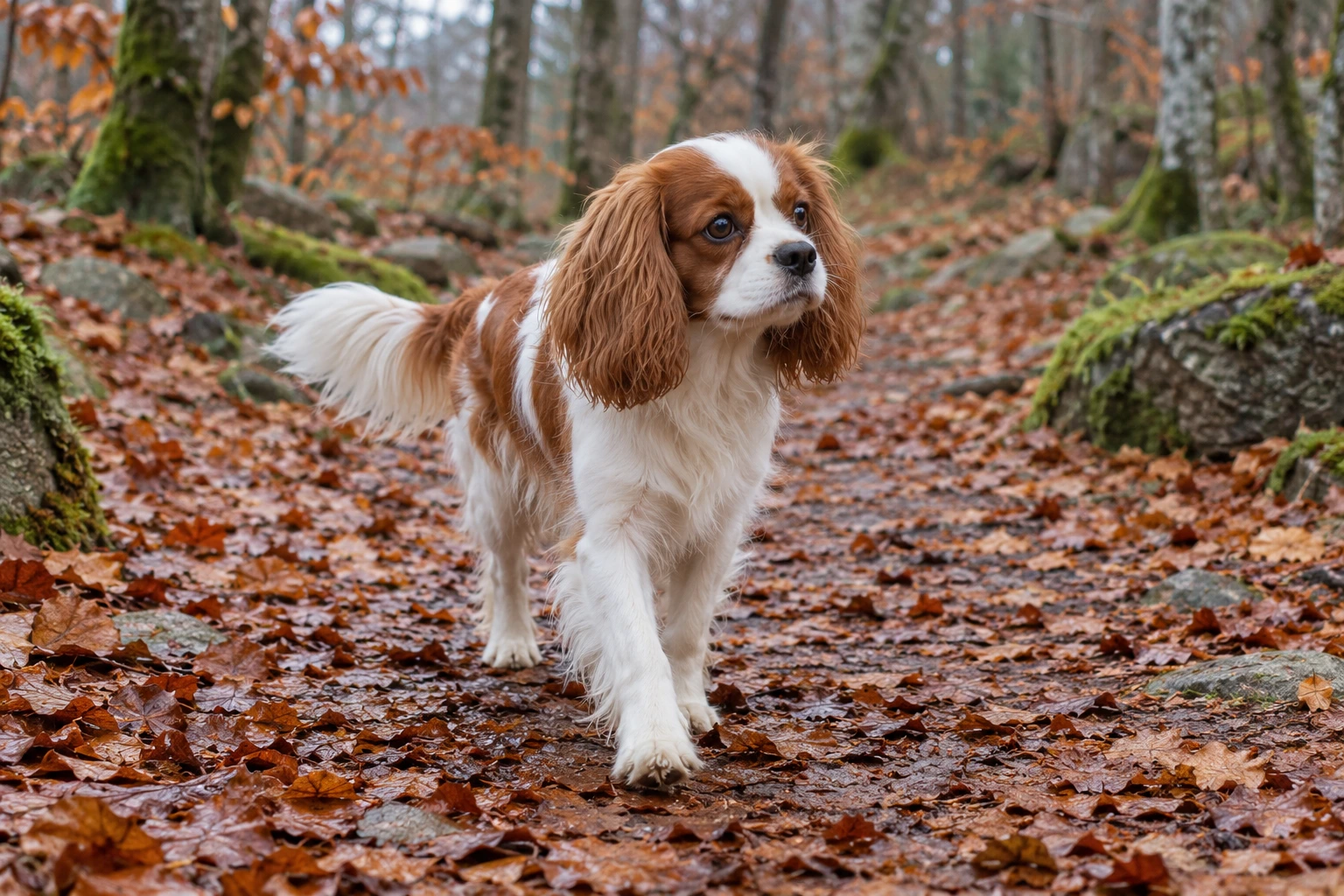 Unghund af racen Cavalier King Charles Spaniel, ca. 9 måneder, i et nordisk hverdagsmiljø