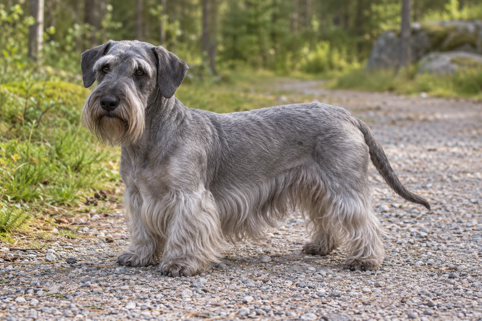 Gråblå Cesky Terrier med kortklippet ryg, skørt og skæg står på en skovsti.