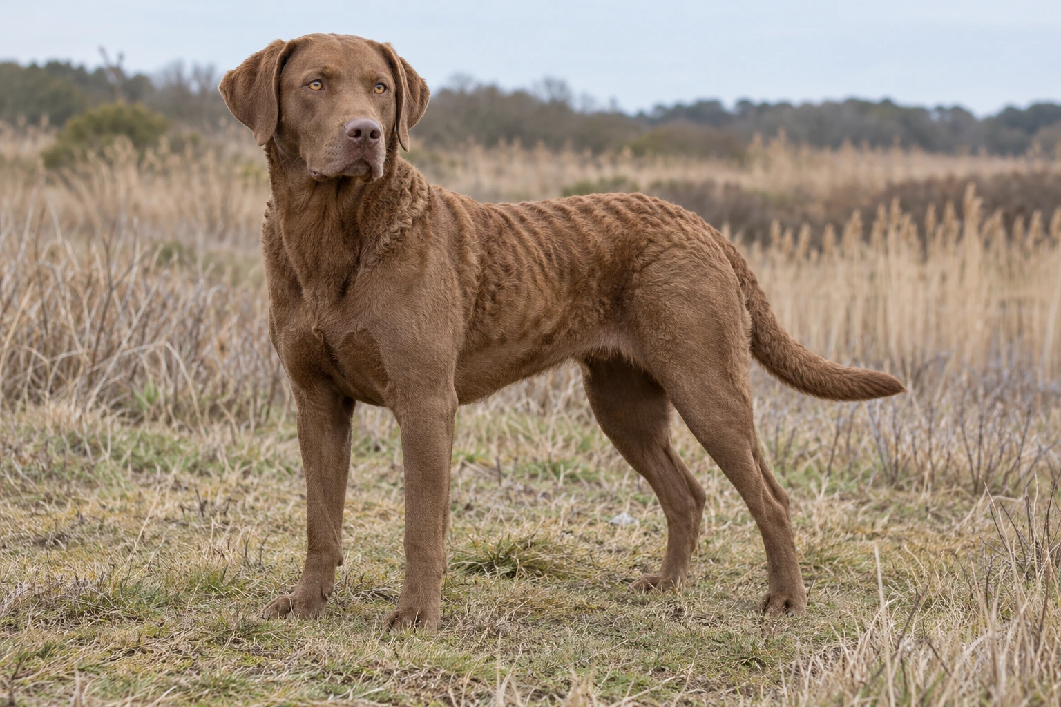 Brun Chesapeake Bay Retriever med ravfarvede øjne og bølget rygpels står ved tørre siv.