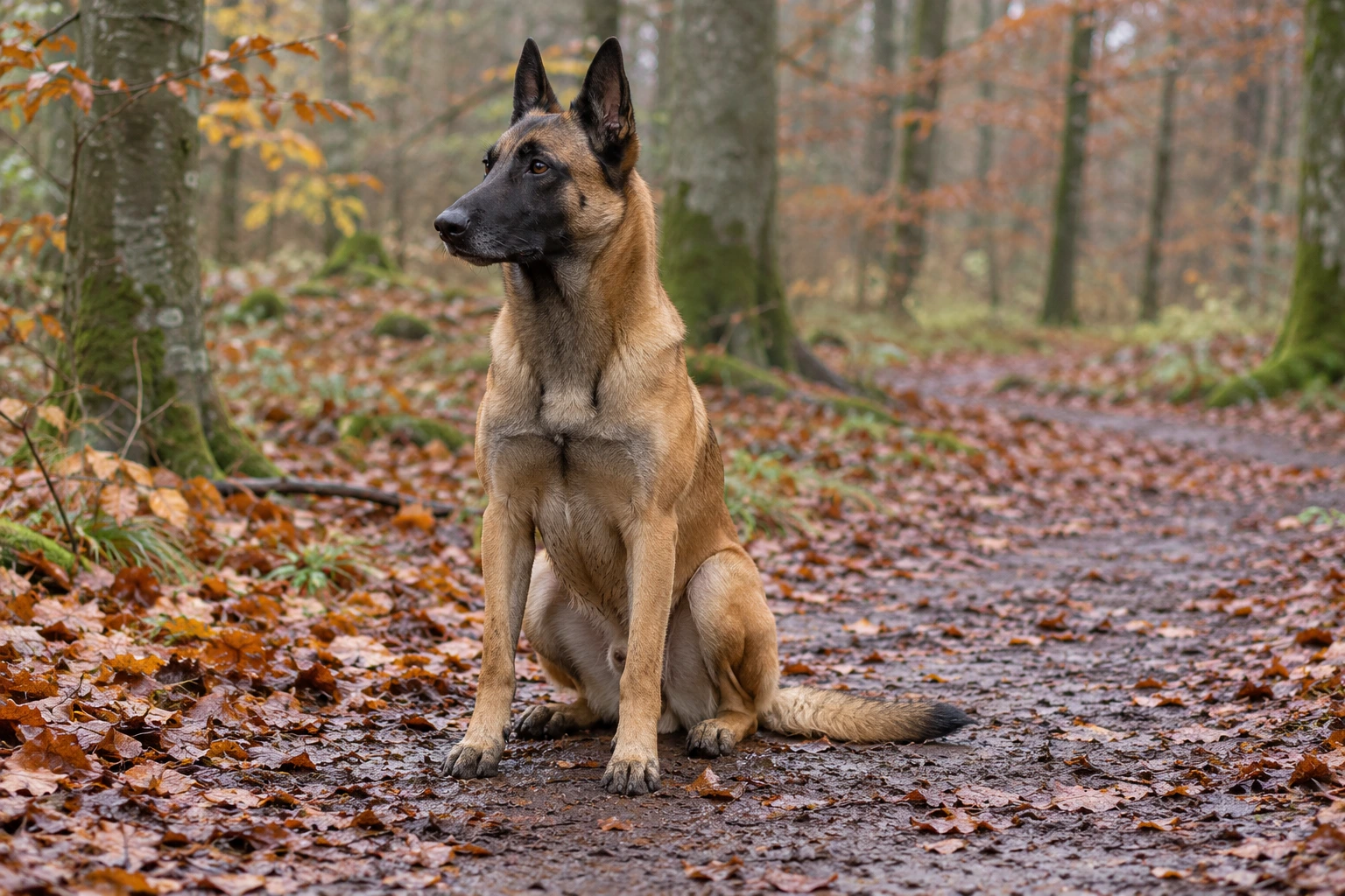 Voksen Belgisk Hyrdehund af typen Malinois sidder på en skovsti