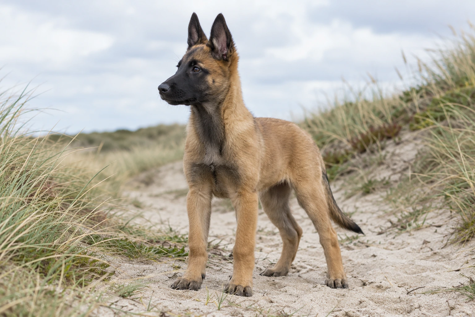 Hvalp af racen Belgisk Hyrdehund, ca. 12 uger, i et nordisk hverdagsmiljø
