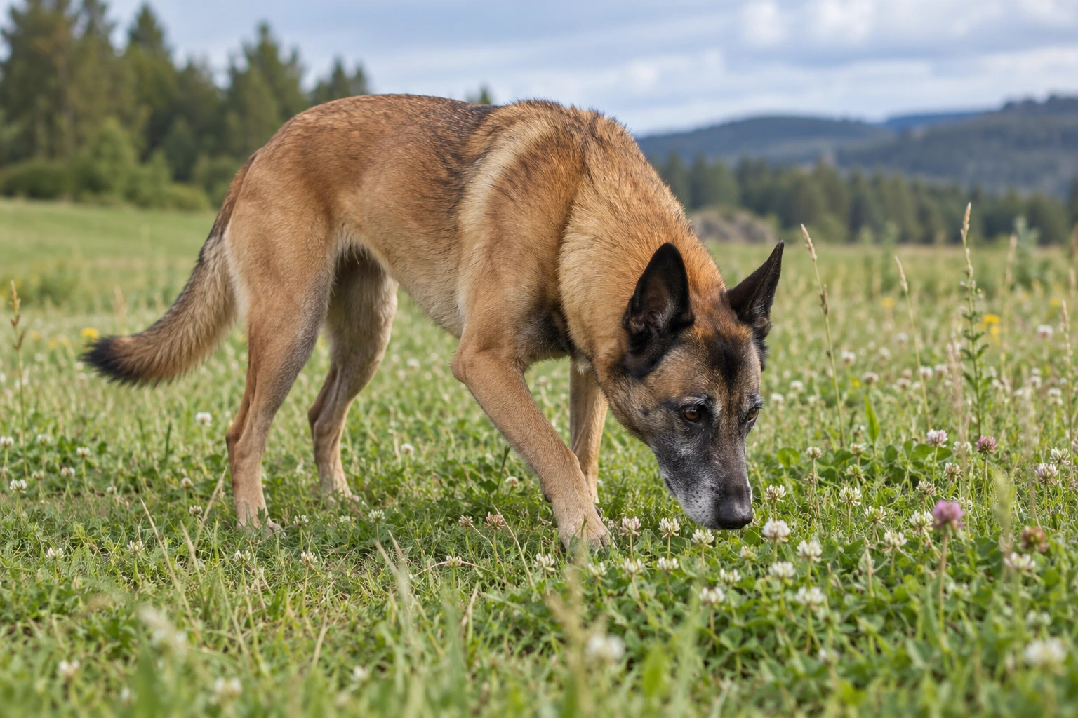 Senior af racen Belgisk Hyrdehund, ca. 10 år, i et nordisk hverdagsmiljø