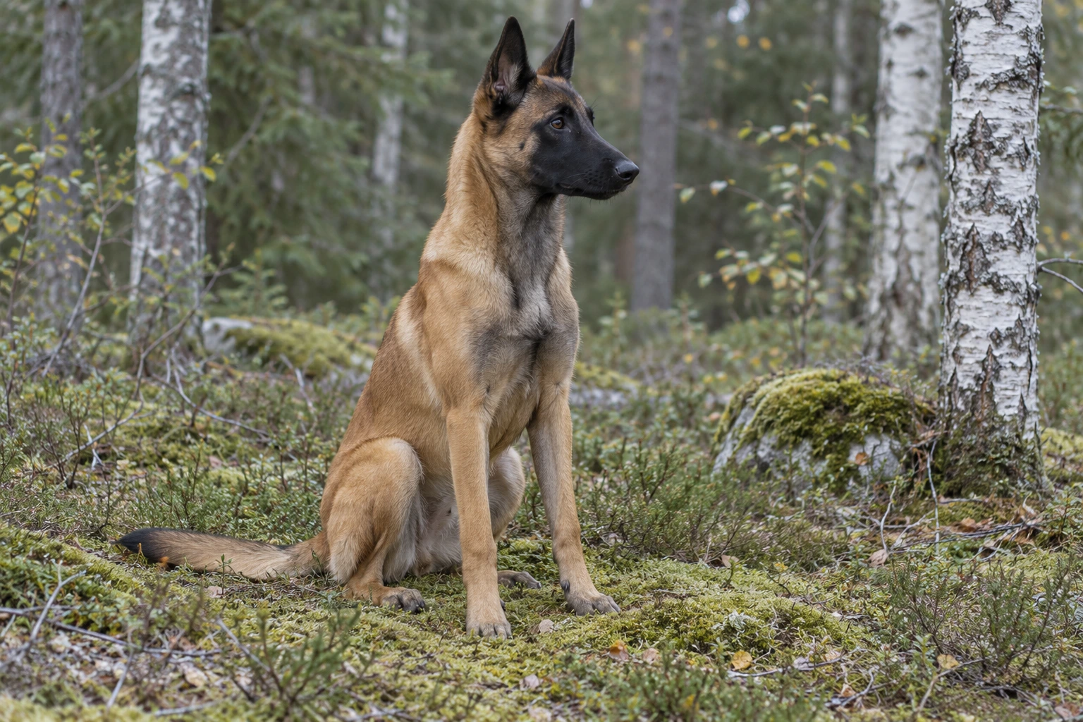Unghund af racen Belgisk Hyrdehund, ca. 9 måneder, i et nordisk hverdagsmiljø