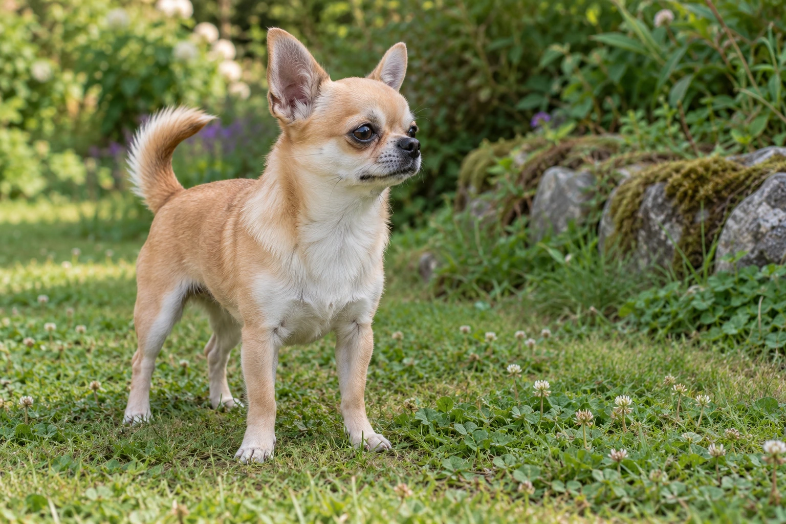 Fawn og hvid voksen Chihuahua står i en grøn have