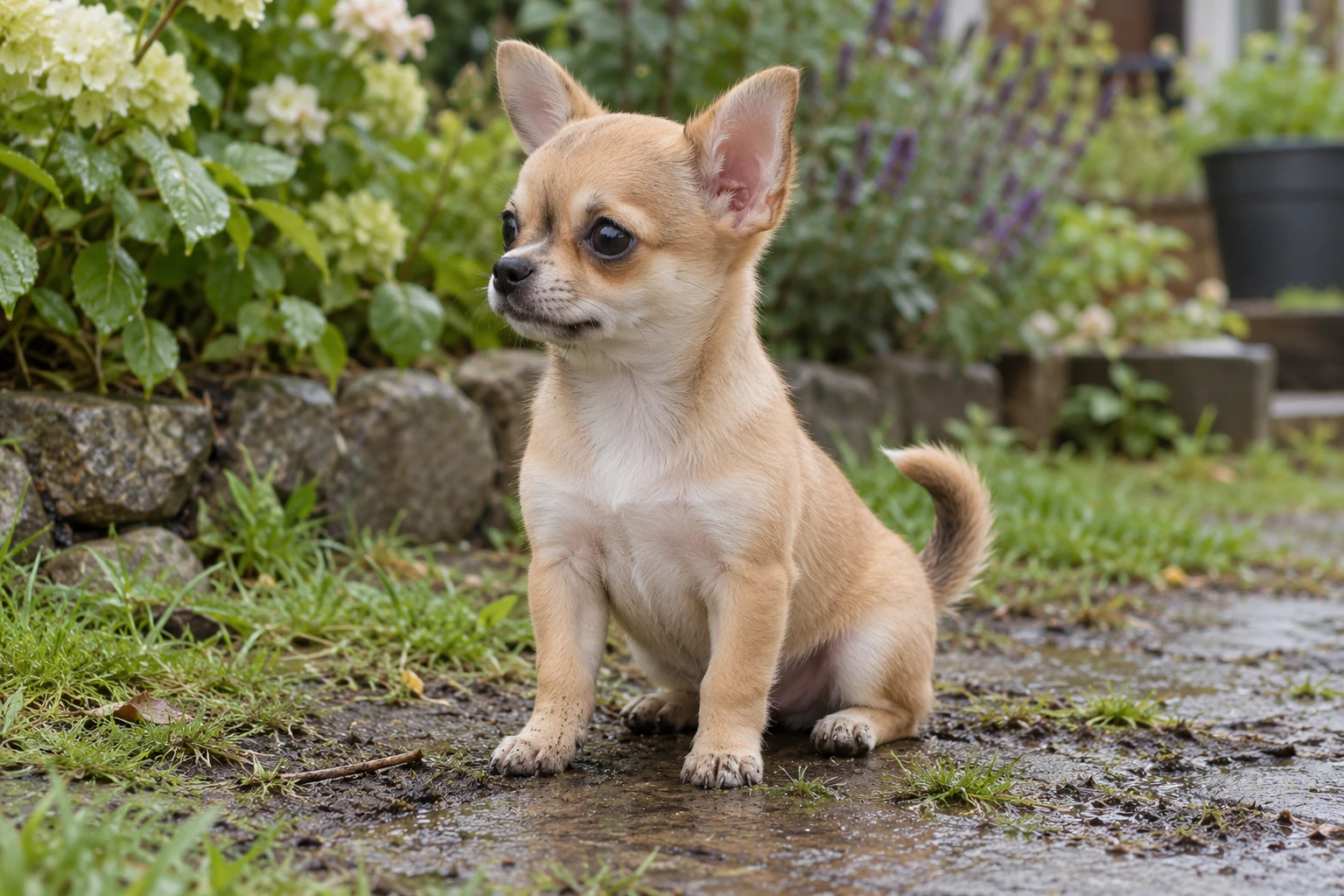Hvalp af racen Chihuahua, ca. 12 uger, i et nordisk hverdagsmiljø