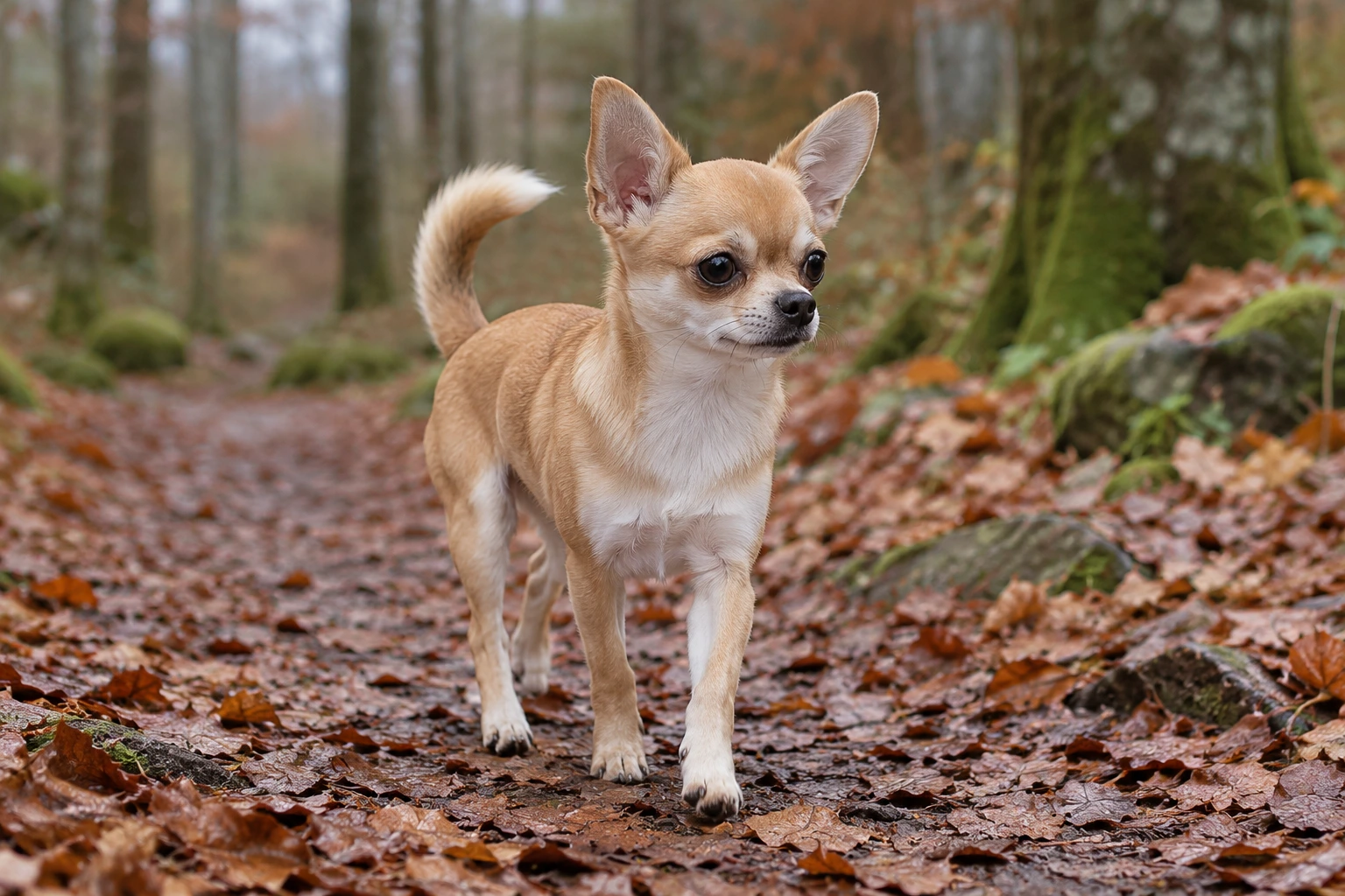 Unghund af racen Chihuahua, ca. 9 måneder, i et nordisk hverdagsmiljø