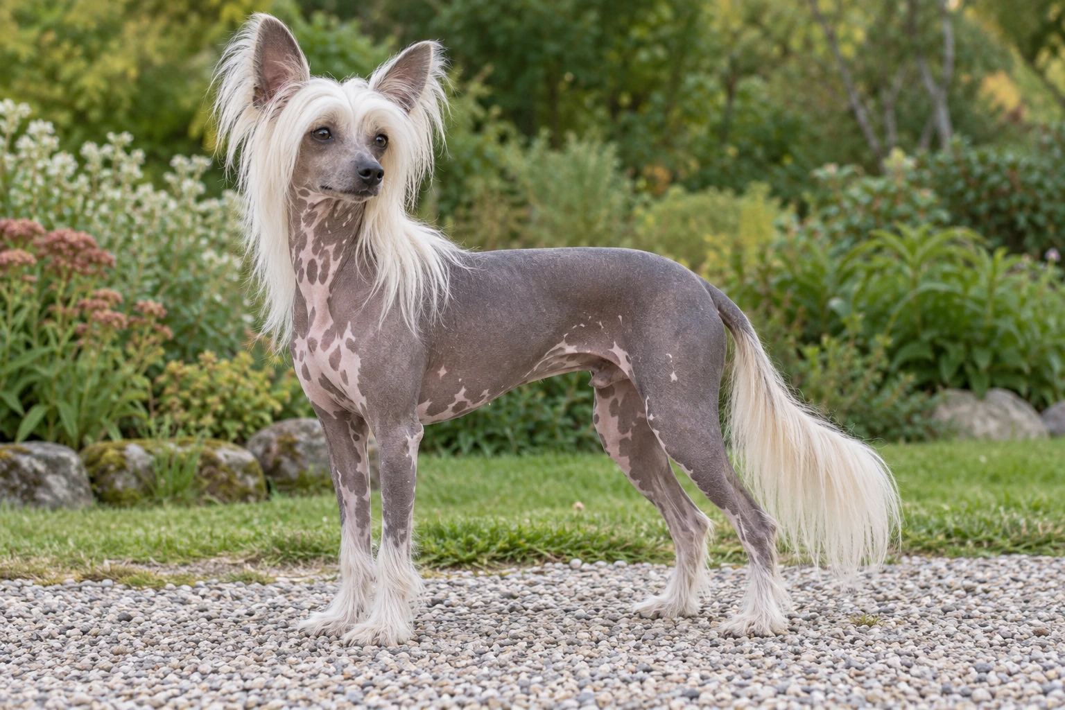 Nøgen Chinese Crested med grå-rosa hud og lys hovedkam står på havens grussti.