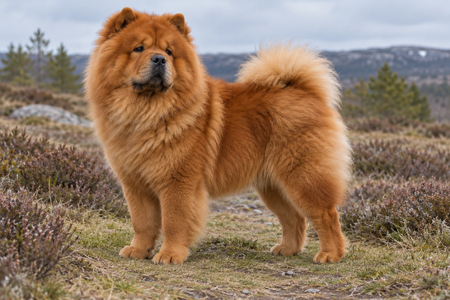 Rød Chow Chow med tæt manke og hale over ryggen står på en lyngsti.