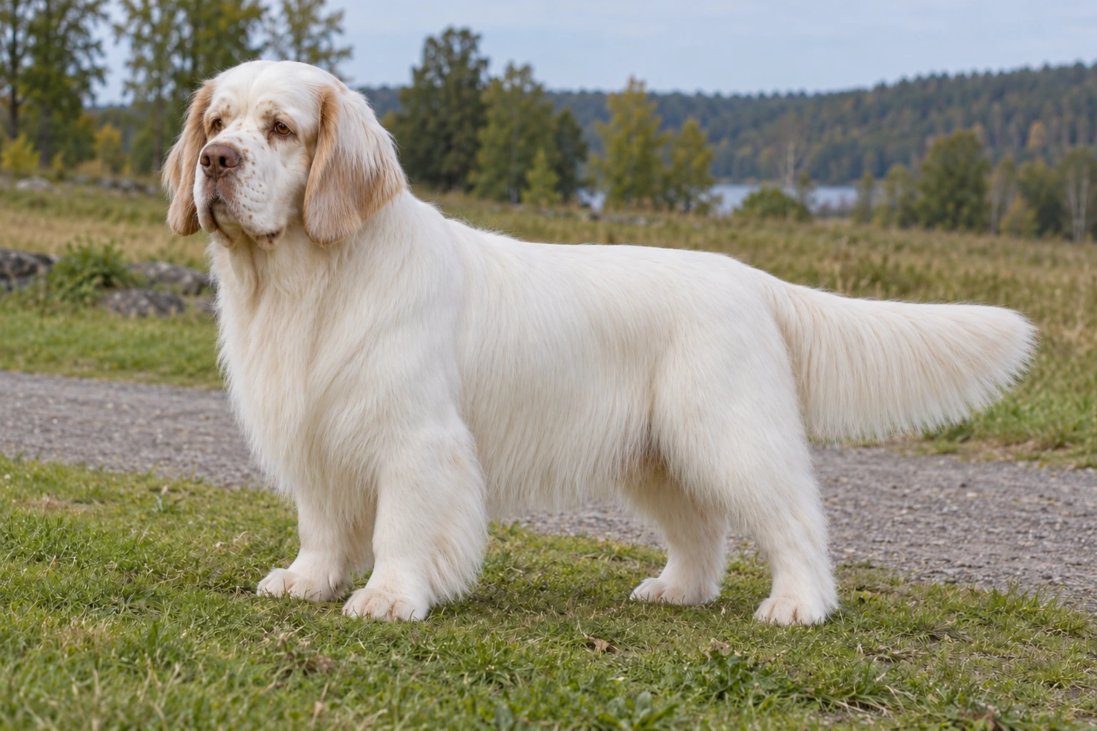 Voksen Clumber Spaniel med naturlige ører og hale står ved en engsti.