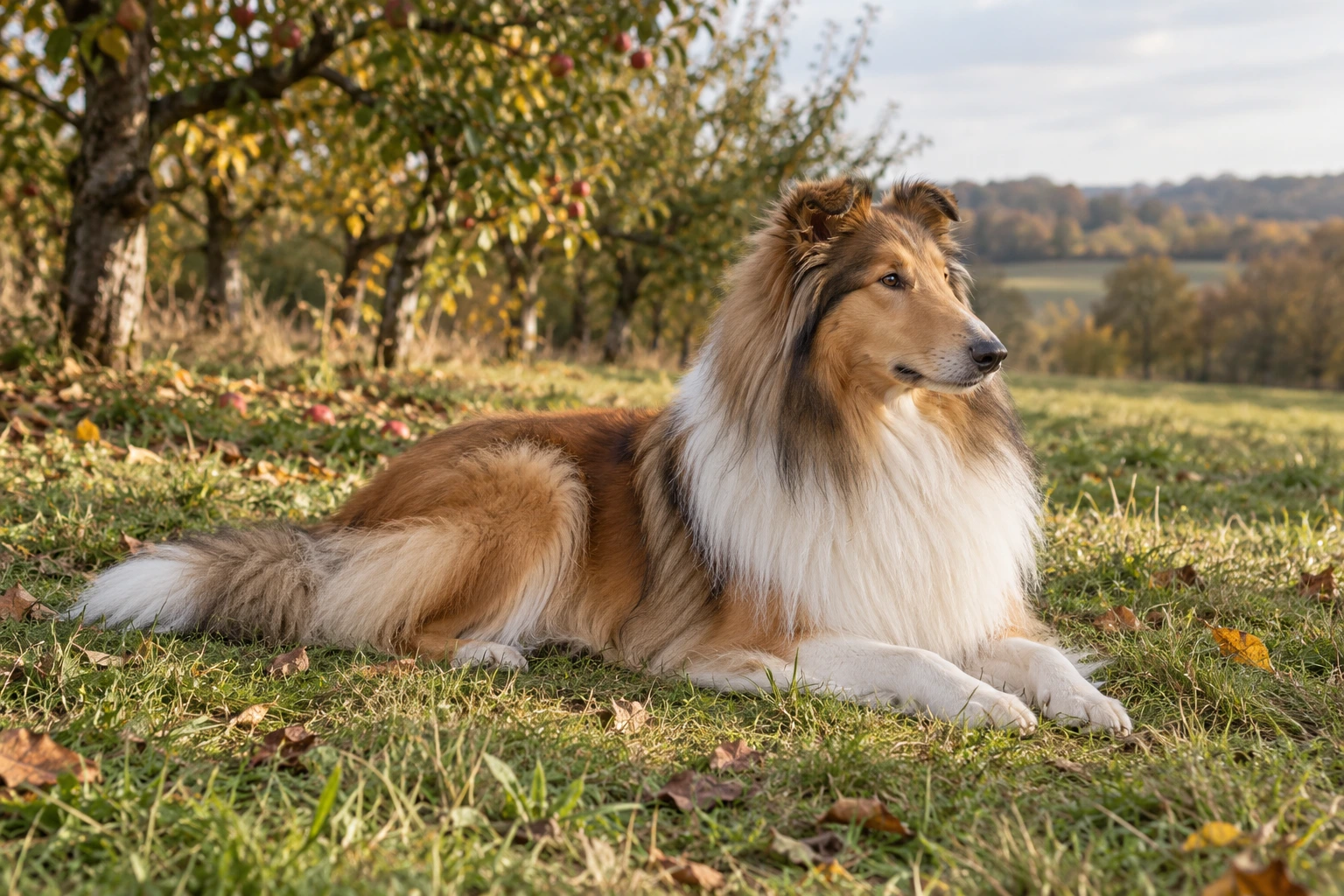 Sablefarvet voksen Collie ligger i en frugthave