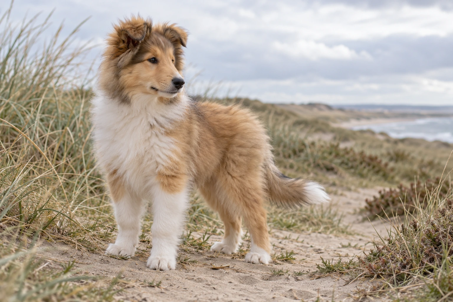 Hvalp af racen Collie, ca. 12 uger, i et nordisk hverdagsmiljø