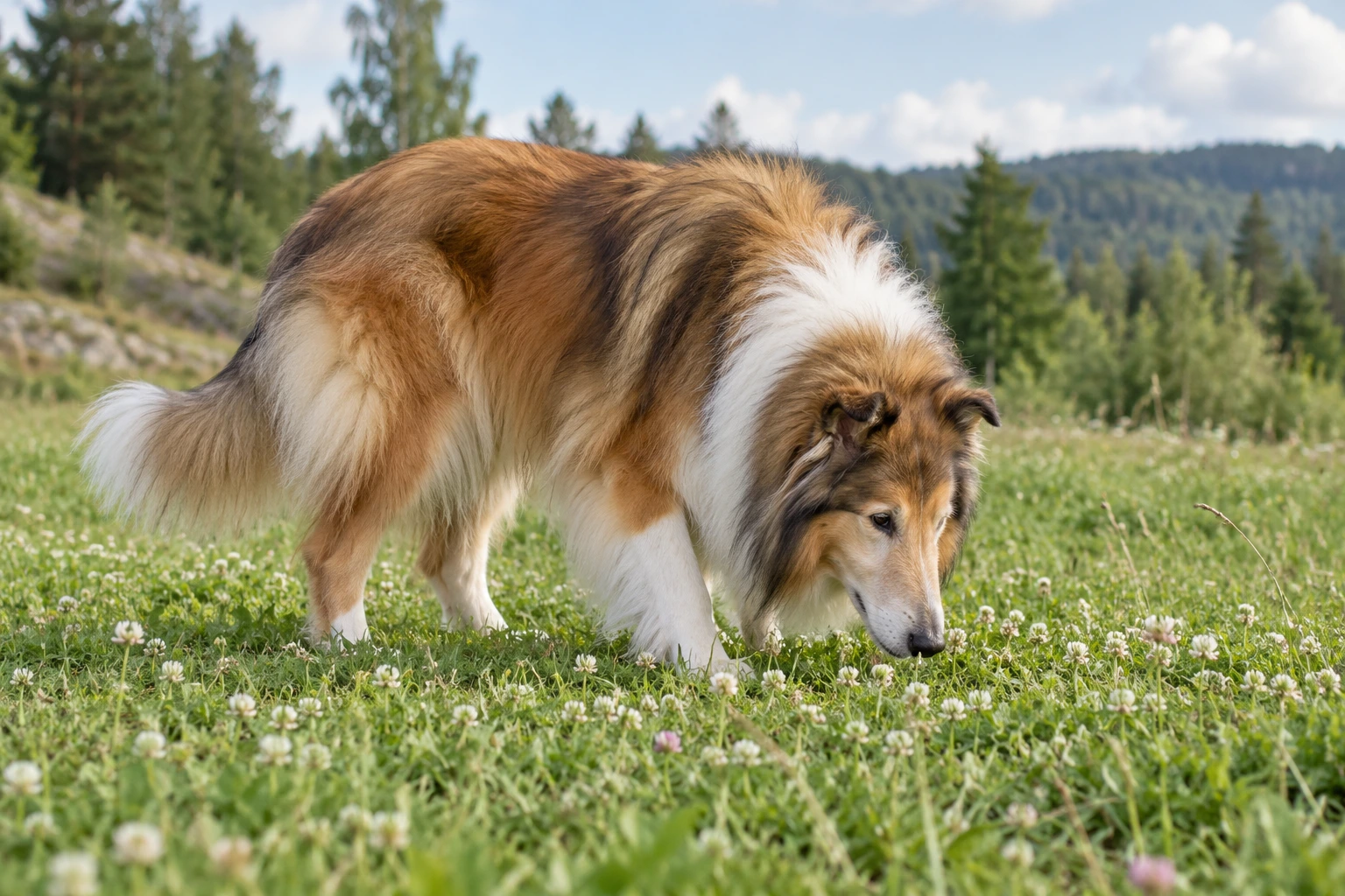 Senior af racen Collie, ca. 10 år, i et nordisk hverdagsmiljø