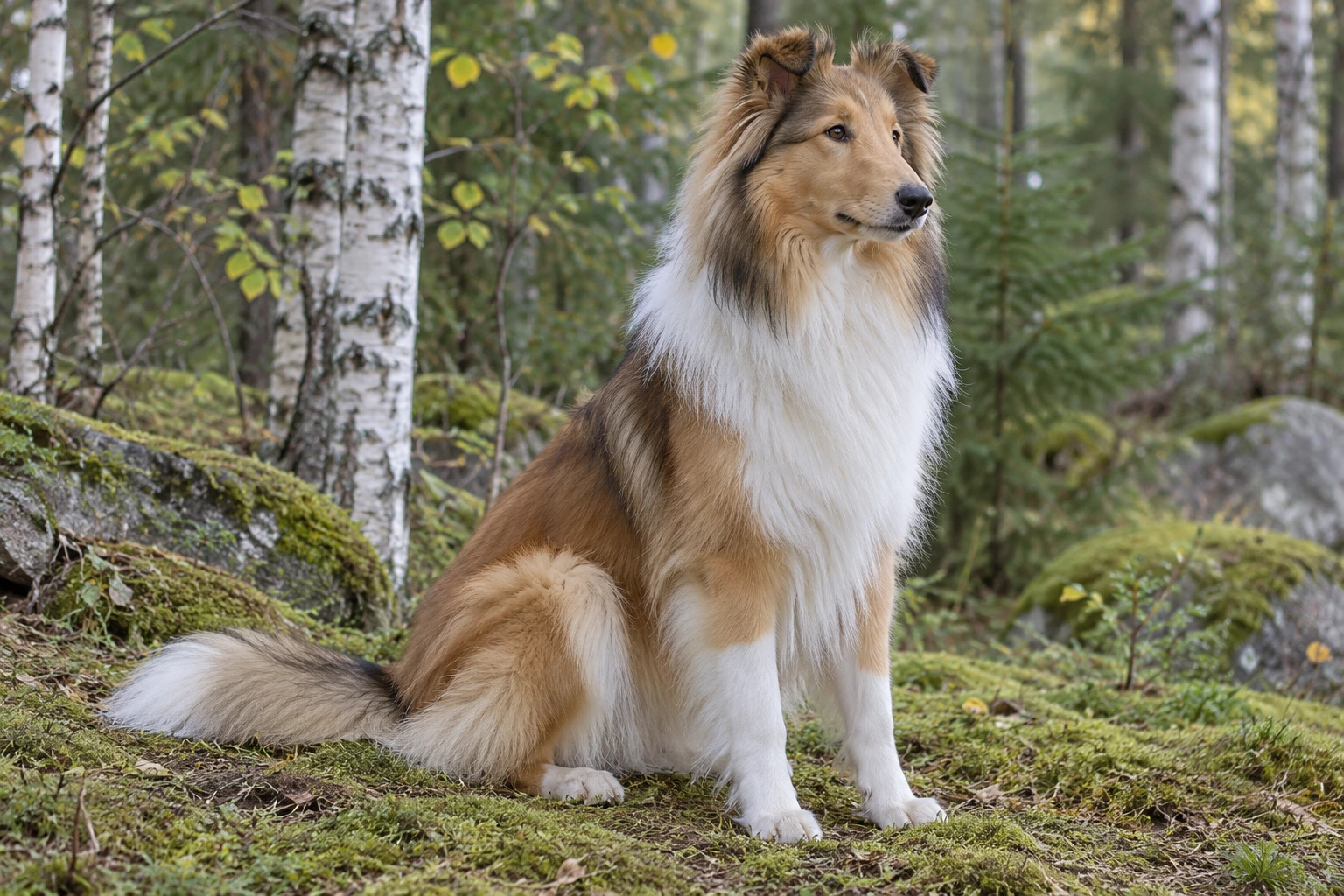 Unghund af racen Collie, ca. 9 måneder, i et nordisk hverdagsmiljø