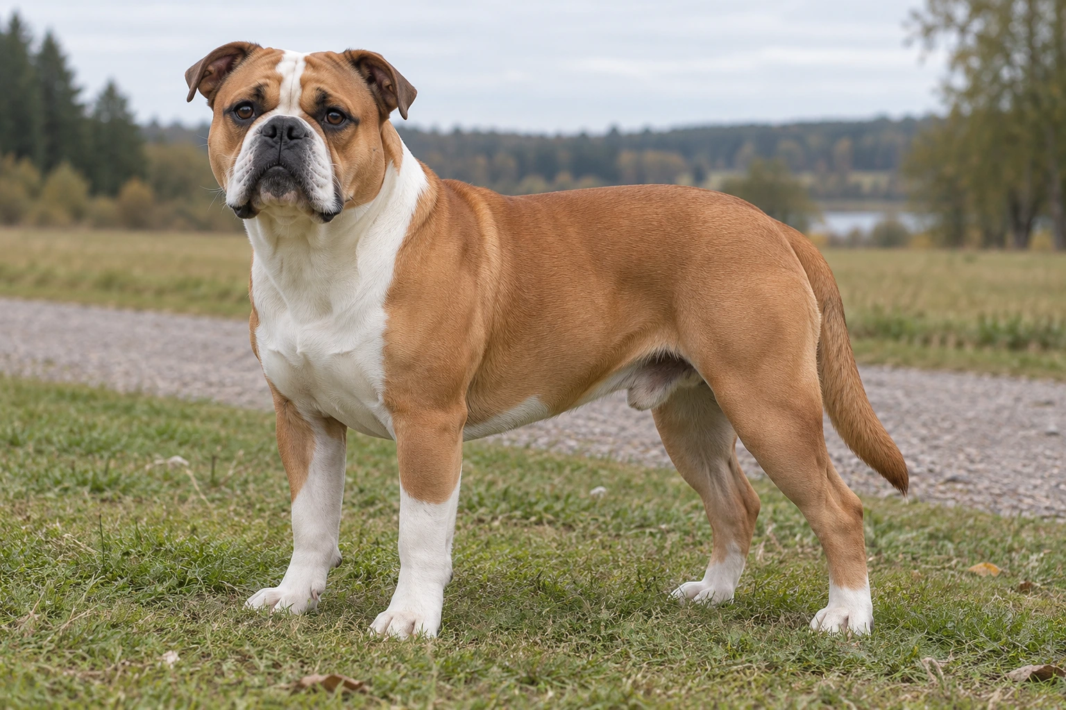 Voksen Continental Bulldog med naturlige ører og hale står ved en engsti.