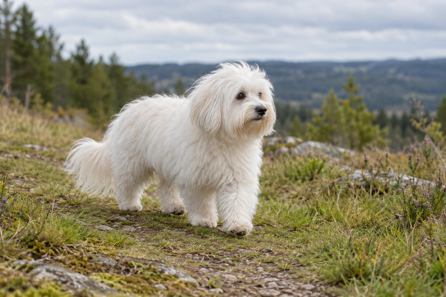 Hvid voksen Coton de Tulear går på en hedestig