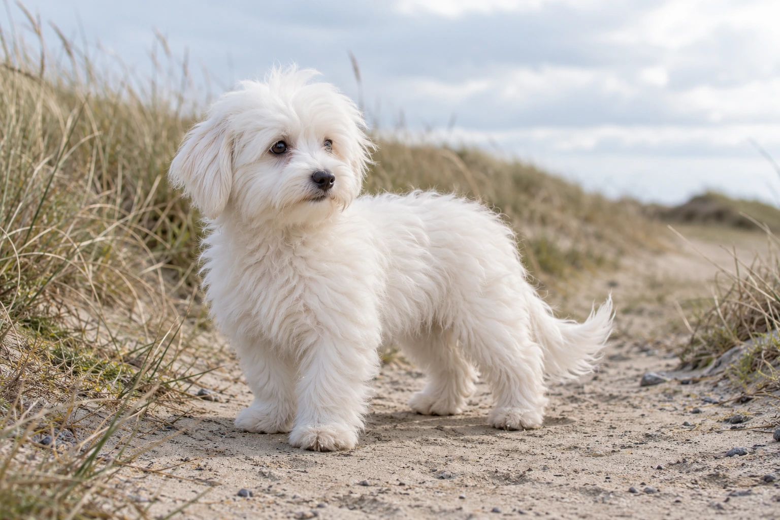 Hvalp af racen Coton de Tulear, ca. 12 uger, i et nordisk hverdagsmiljø