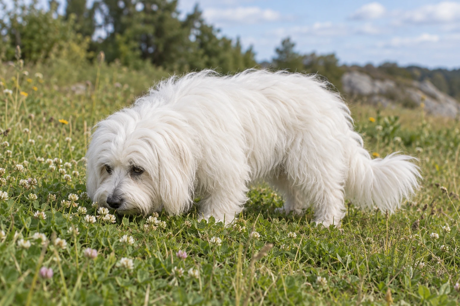 Senior af racen Coton de Tulear, ca. 10 år, i et nordisk hverdagsmiljø
