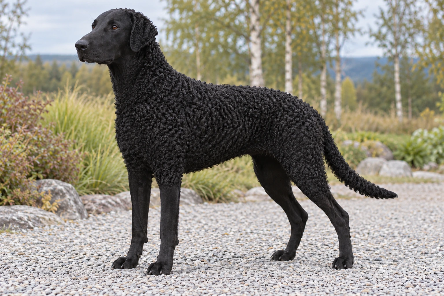 Sort Curly Coated Retriever med tætte små krøller står på en grussti ved birketræer.