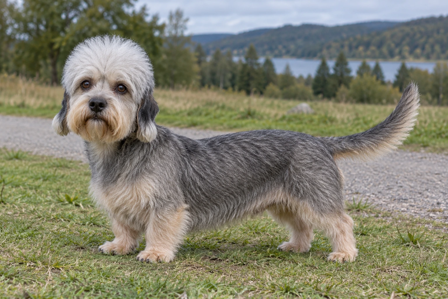 Voksen Dandie Dinmont Terrier med naturlige ører og hale står ved en engsti.