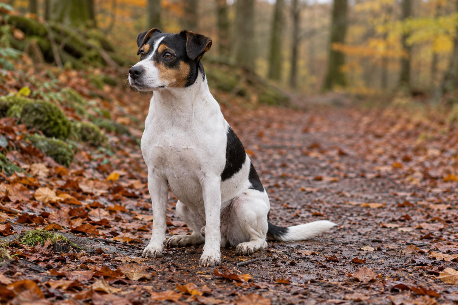 Voksen Dansk-Svensk Gårdhund sidder på en løvdækket sti