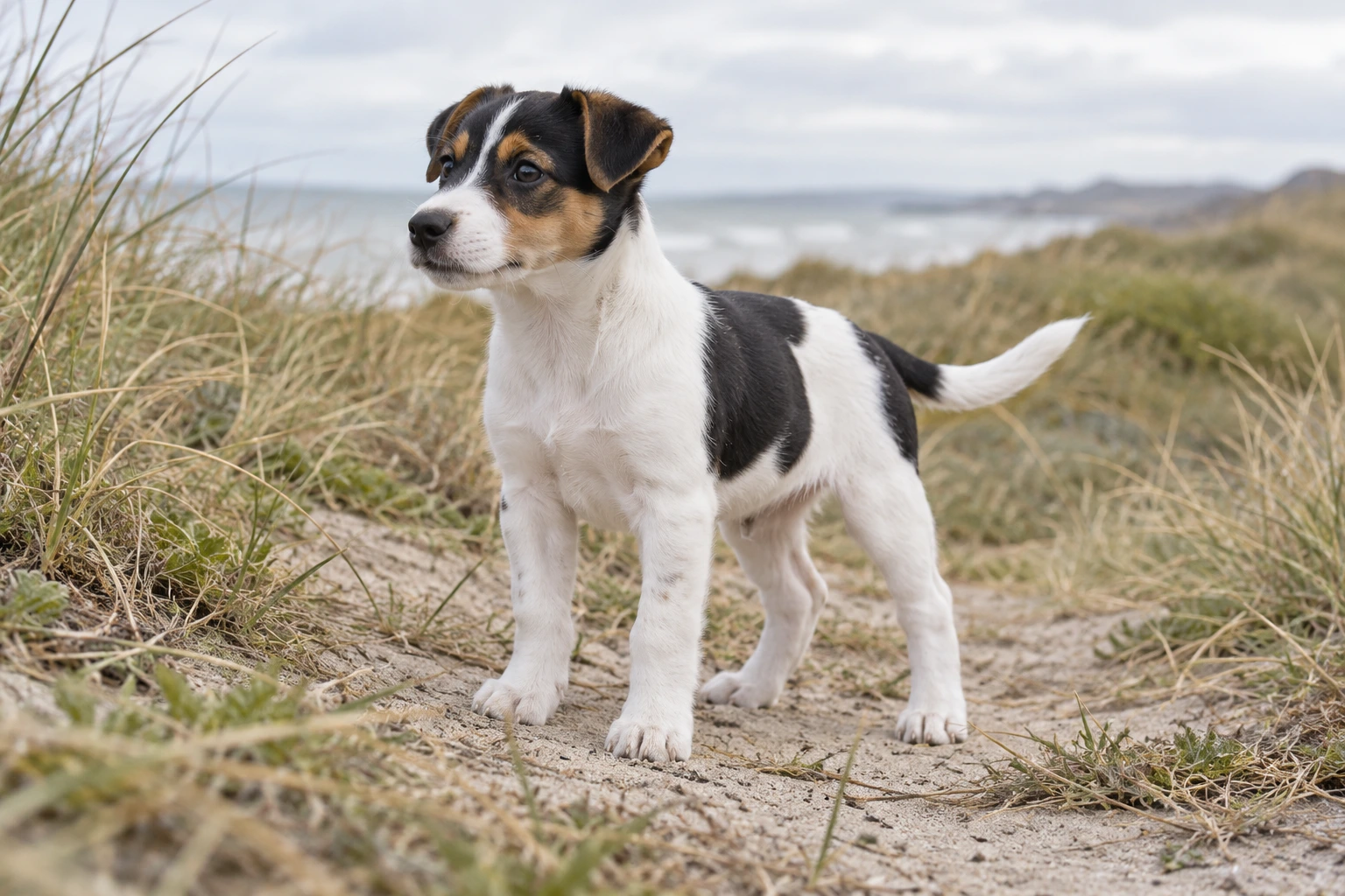 Hvalp af racen Dansk/Svensk Gårdhund, ca. 12 uger, i et nordisk hverdagsmiljø