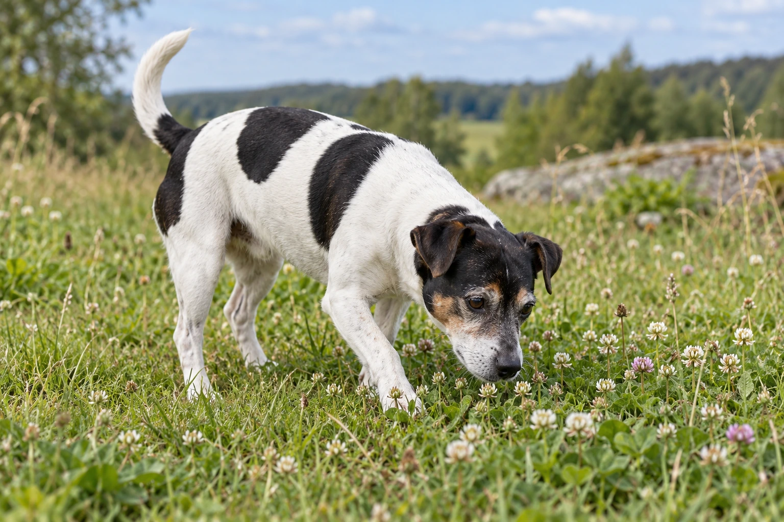 Senior af racen Dansk/Svensk Gårdhund, ca. 10 år, i et nordisk hverdagsmiljø