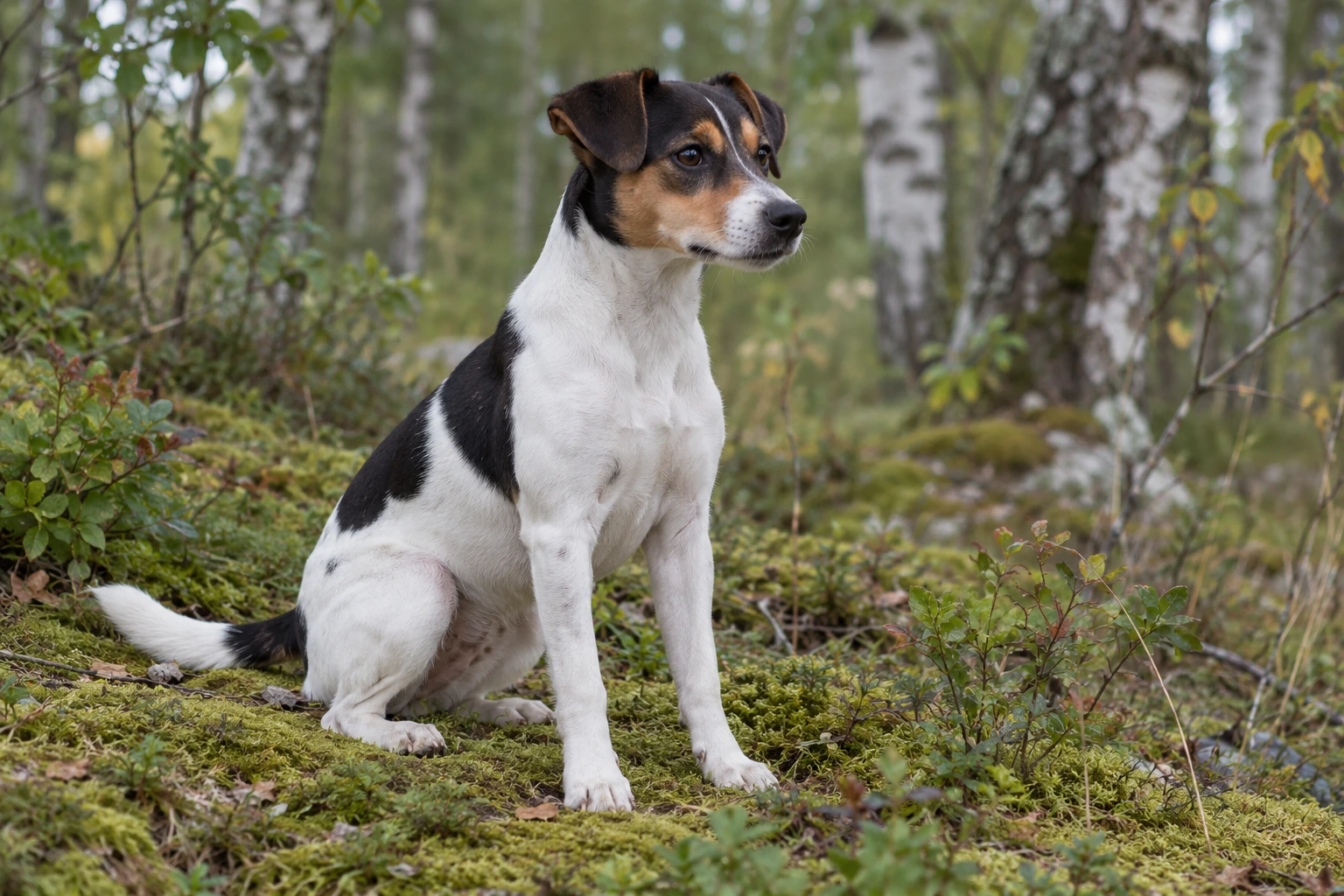 Unghund af racen Dansk/Svensk Gårdhund, ca. 9 måneder, i et nordisk hverdagsmiljø
