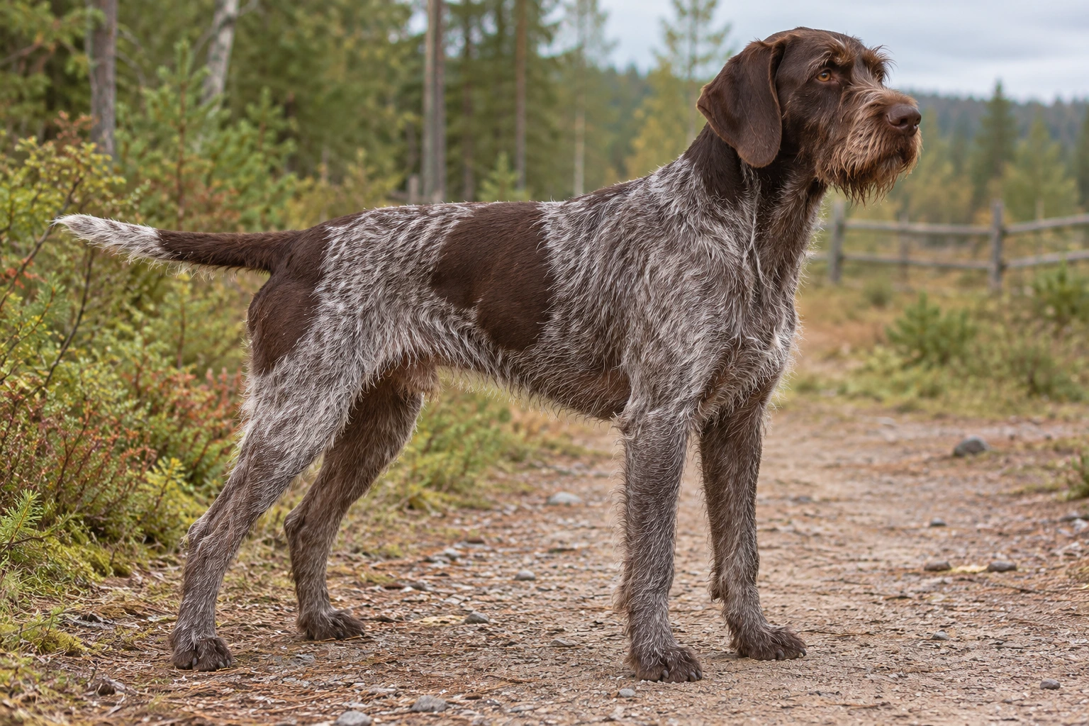 Voksen brunskimlet Deutsch Stichelhaar med strid pels og fuld naturlig hale på en skovsti