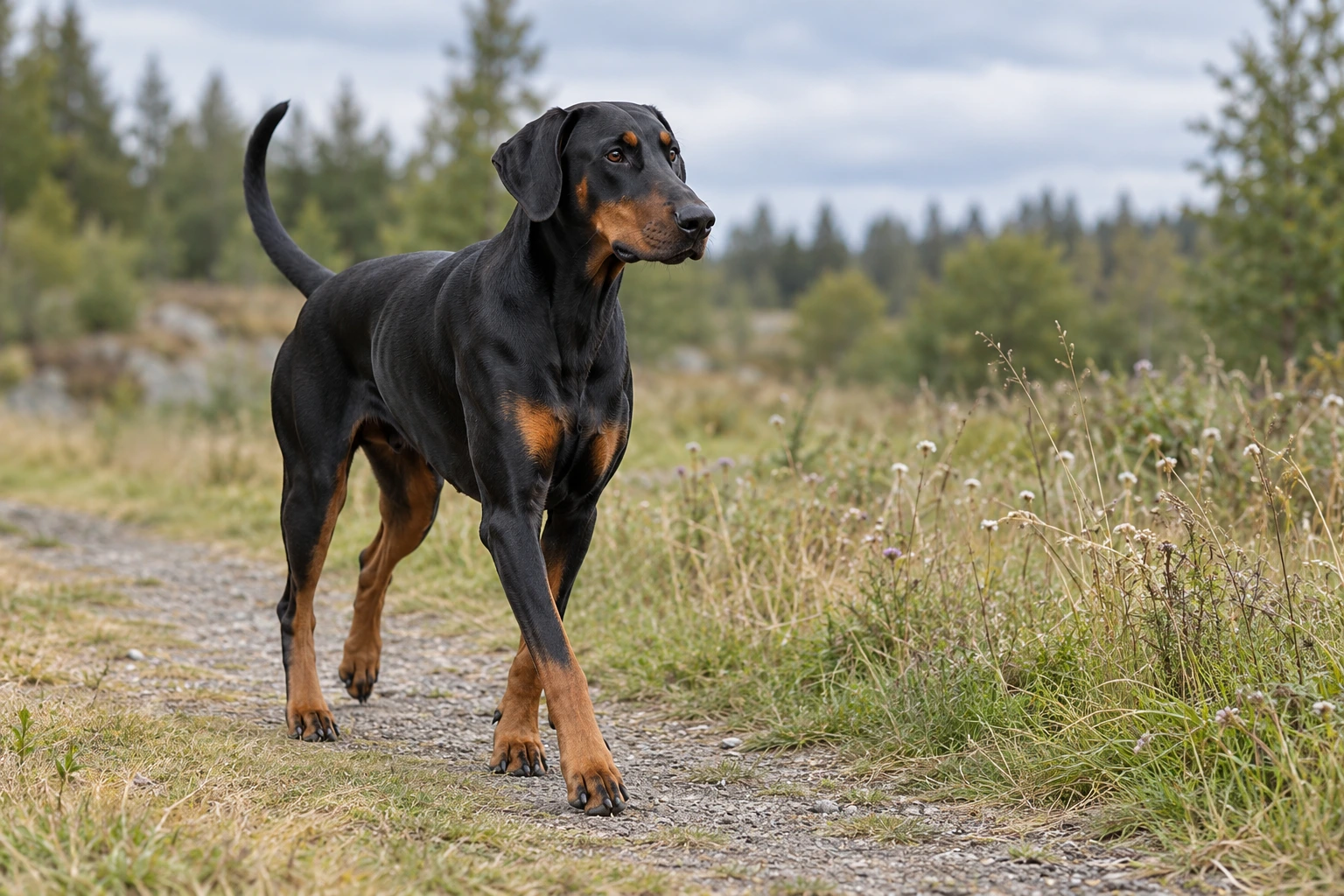 Sort og rustfarvet voksen Dobermann går på en hedestig