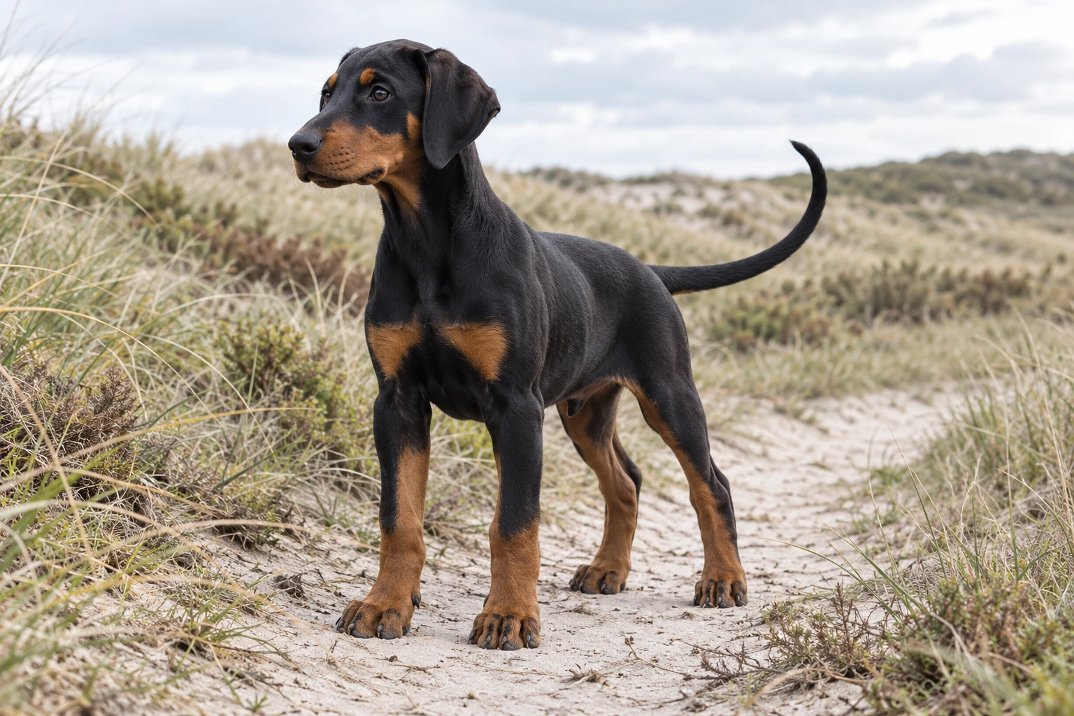 Hvalp af racen Dobermann, ca. 12 uger, i et nordisk hverdagsmiljø