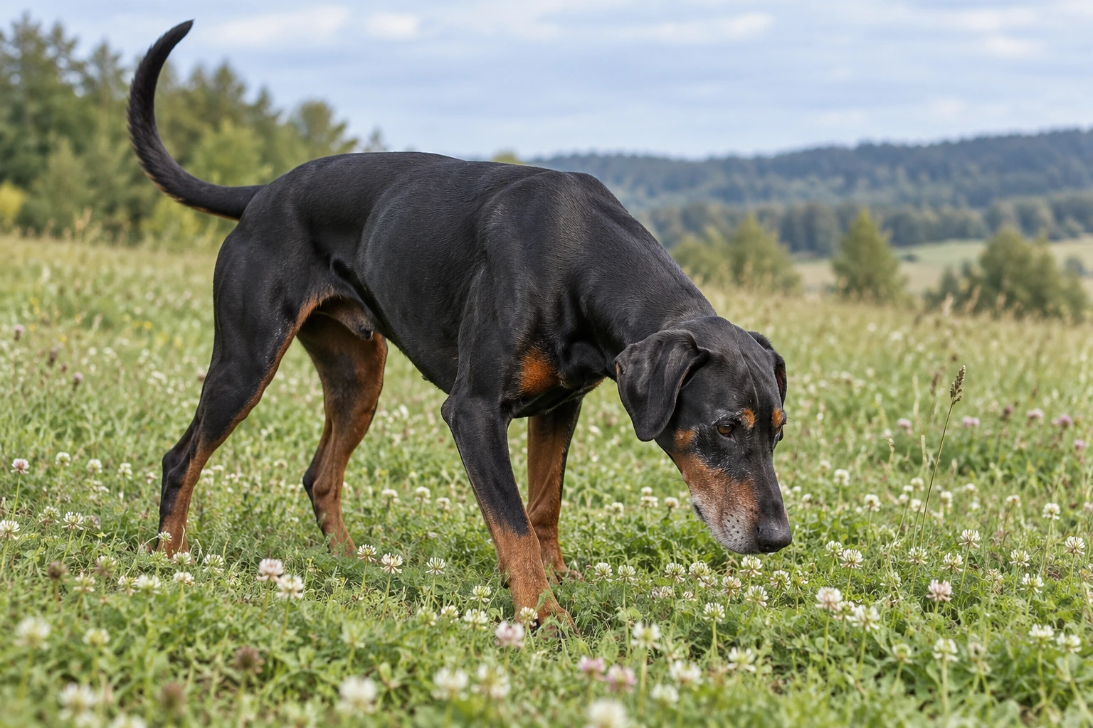 Senior af racen Dobermann, ca. 10 år, i et nordisk hverdagsmiljø