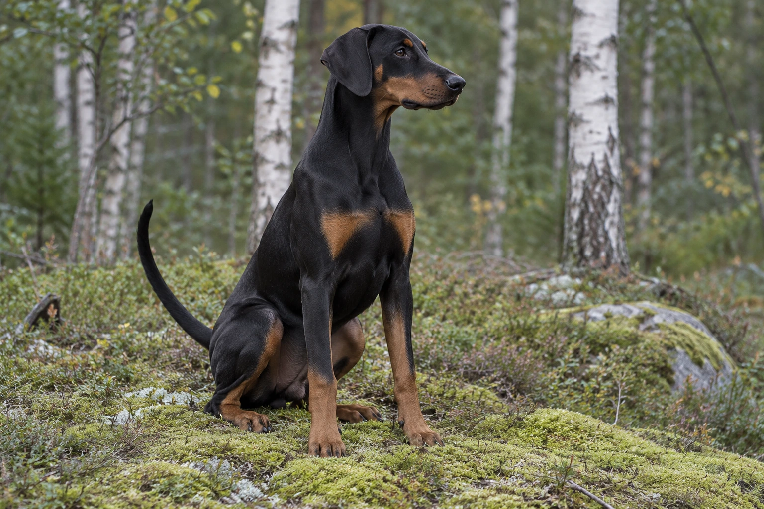 Unghund af racen Dobermann, ca. 9 måneder, i et nordisk hverdagsmiljø